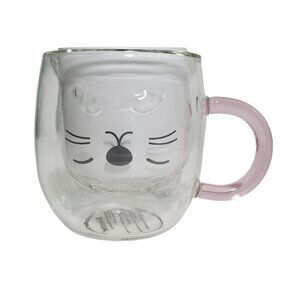 Cute Glass Coffee Mug Pink Handle Double Wall Design Cat Face Inner Pattern 8 oz